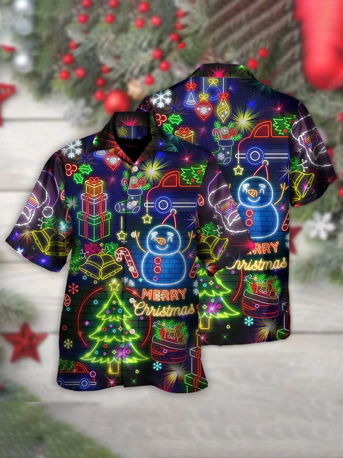 Holiday Neon Christmas Men's Hawaiian Shirts Snowman Stretch Wrinkle Free Aloha Camp Pocket Christmas Tree Shirts