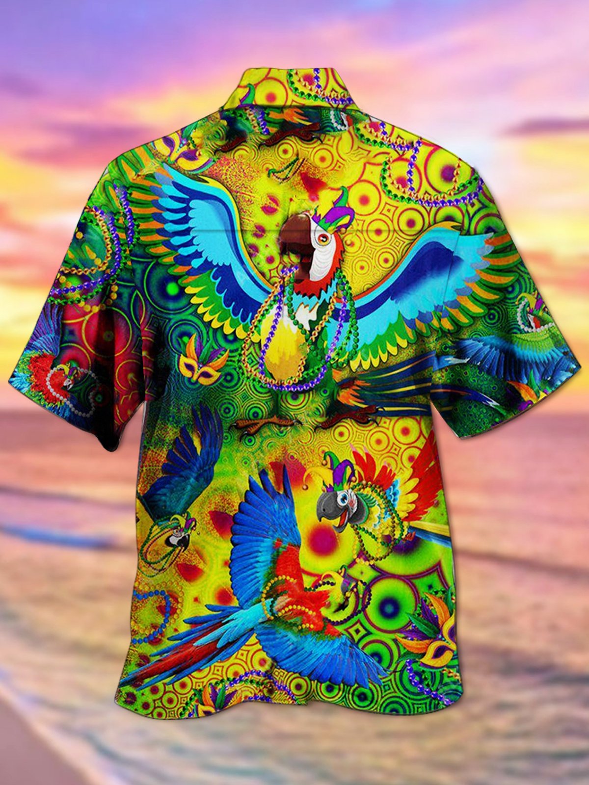 Mardi Gras Holiday Green Men's Hawaiian Shirts Parrot Fun Art Aloha Stretch Button Camp Pocket Shirts Big Tall