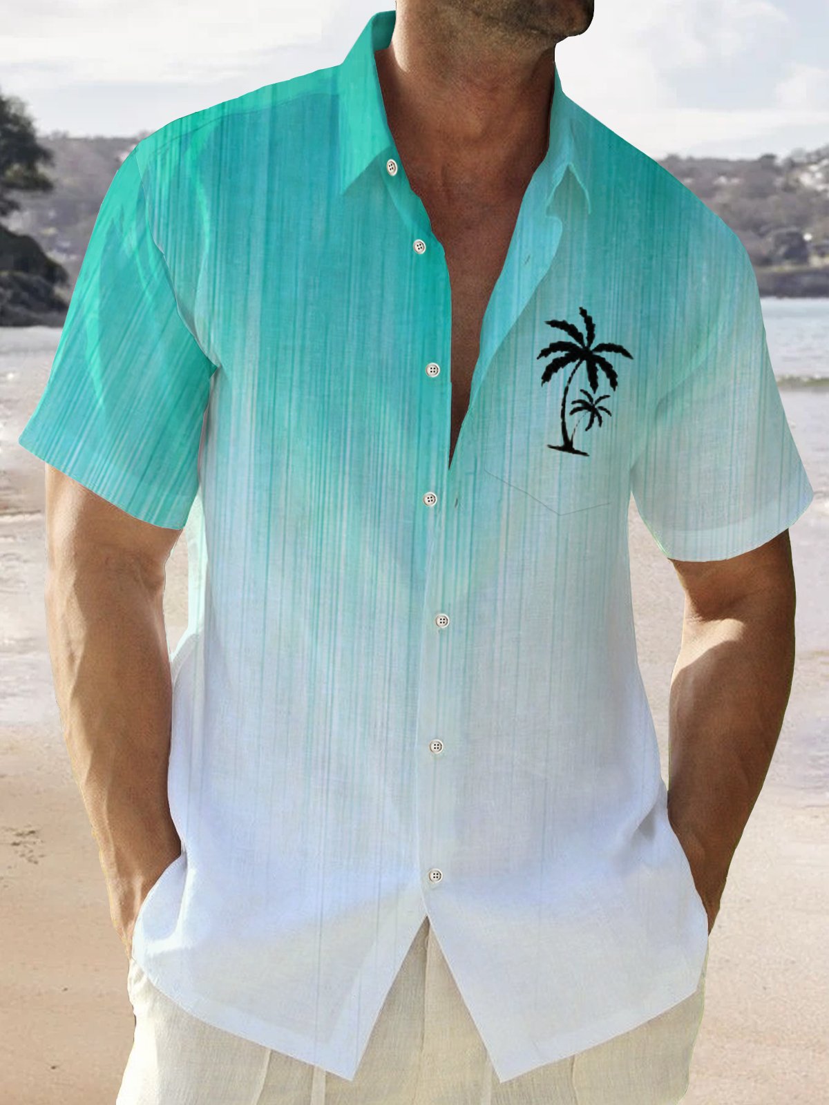  Men's Cotton Linen Gradual Texture Coconut Tree Print Chest Bag Shirt Plus Size Shirt