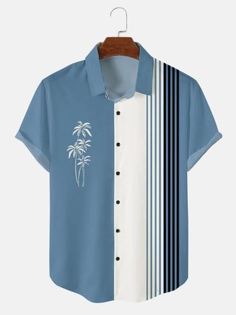 Men's Striped Contrast Coconut Tree Short Sleeve Bowling Shirt