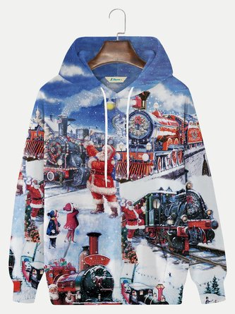 Men's Holiday Christmas Hoodie Steam Train Santa Claus Plus Size Sweatshirts