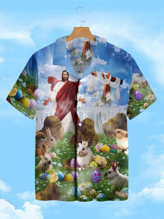 Mens Easter Jesus Print Casual Breathable Short Sleeve Hawaiian Shirt