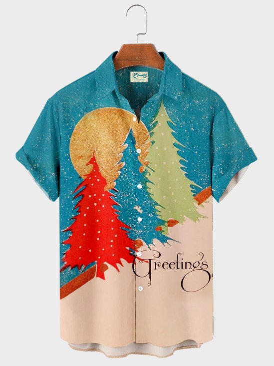 Men's Vintage Christmas Tree Print Short Sleeve Shirts Breathable Big and Tall Shirts
