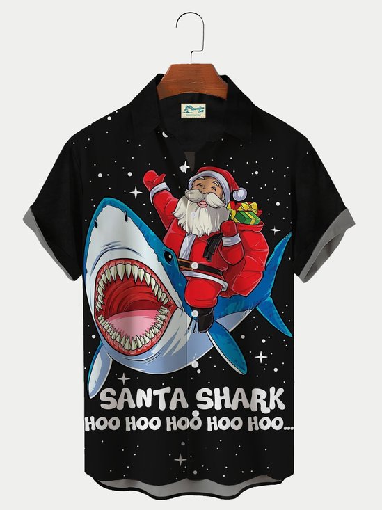 Men's Christmas Santa Shark Hoo Hoo Hoo Funny Christmas Print Hawaiian Shirts Breathable Big and Tall Shirts