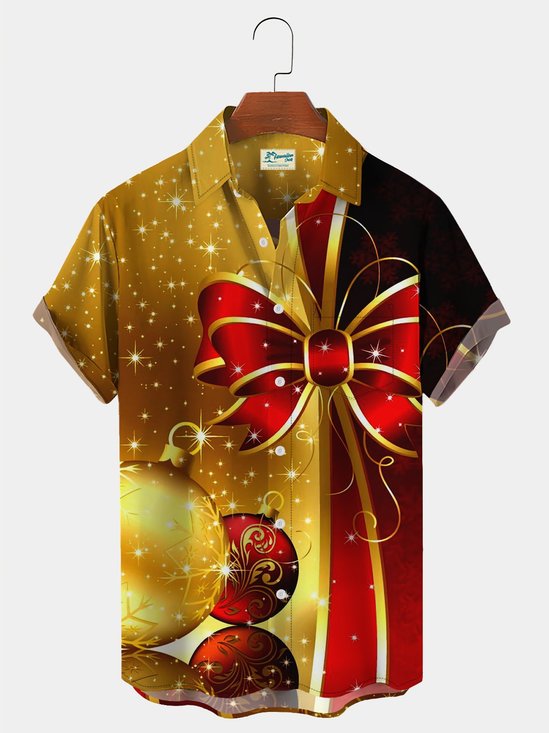  Men's Gold Christmas Hawaiian Short Sleeve Button Up Shirt