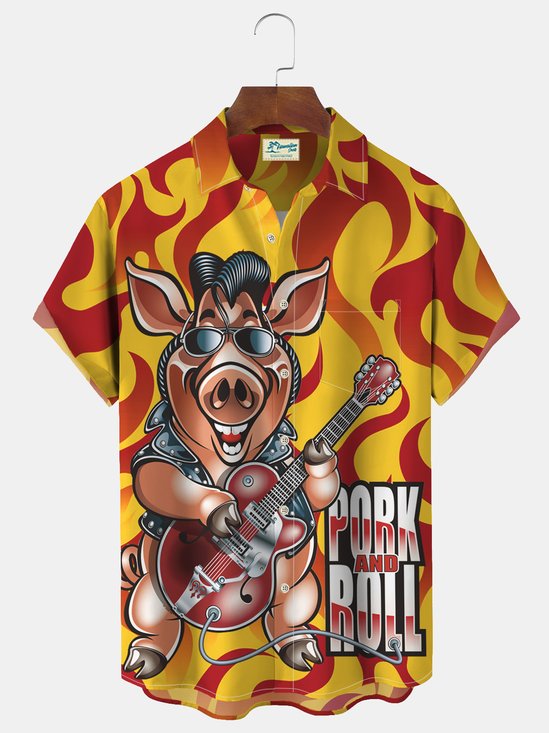 Pig BBQ Pock and Roll Flame Print Beach Men's Hawaiian Big And Tall Shirt