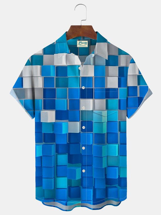 JoyMitty Hawaiian Geometric Block Men's Button Down Pocket Shirt