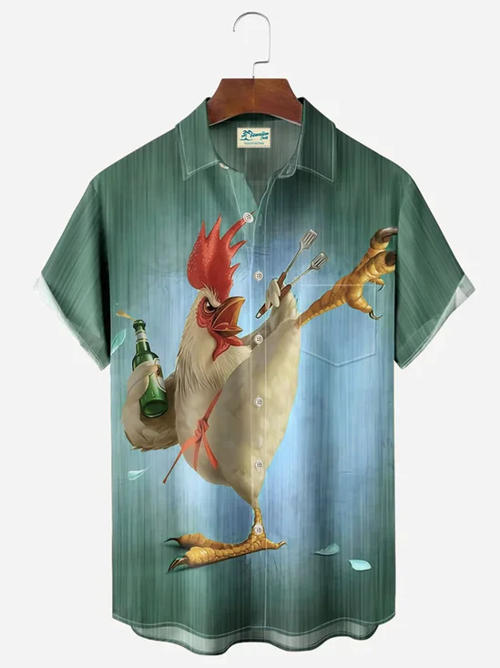 JoyMitty Vintage Gradient Kung fu Rooster Men's Button Pocket Short Sleeve Shirt