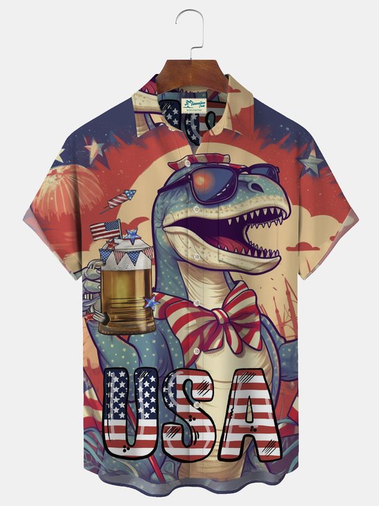 Holiday Casual Blue Independence Day Men's Camp Shirt Plus Stretch Dinosaur American Flag Aloha Hawaii Pocket Shirts