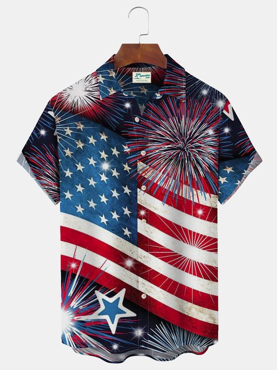 JoyMitty Holiday Casual Blue Independence Day Men's Camp Shirts Plus Stretch American Flag Aloha Pocket Shirts
