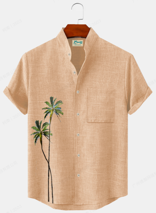 JoyMitty Natural Fiber Hawaiian Coconut Tree Print Stand Collar Men's Button Pocket Shirt