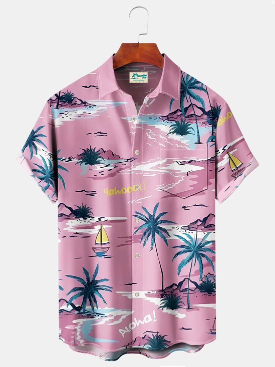 JoyMitty Beach Vacation Pink Men's Hawaiian Shirts Island Coconut Tree Art Stretch Plus Size Aloha Holiday Camp Shirts