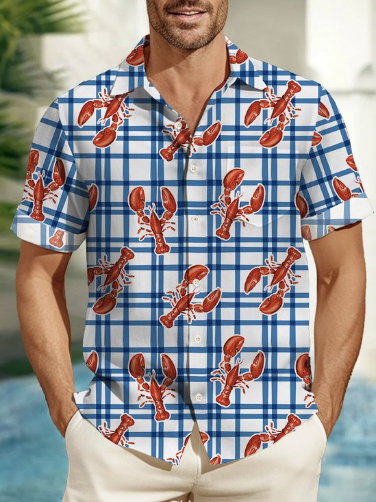JoyMitty Plaid Lobster Print Beach Men's Hawaiian Oversized Shirt with Pockets