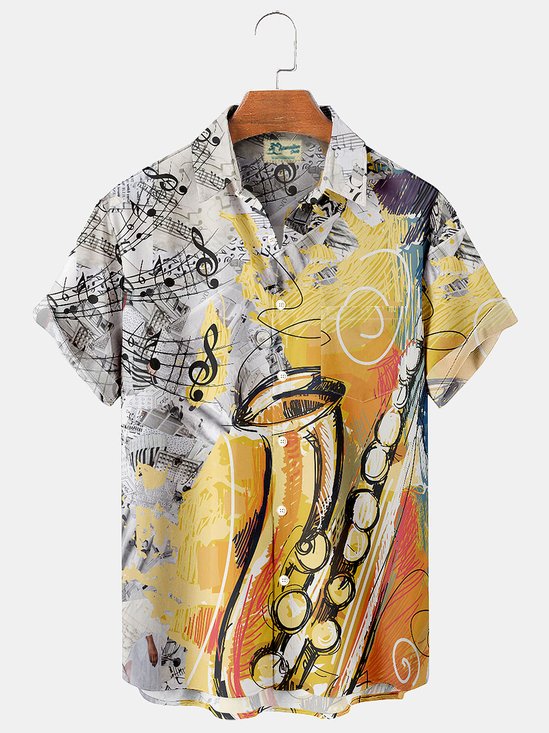JoyMitty Vintage Jazz Musical Print Men's Button Down Pocket Shirt