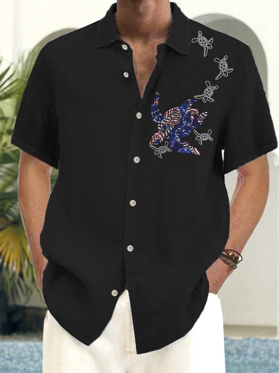 Basic Casual American Flag Turtle Print Beach Men's Hawaiian Oversized Shirt With Pockets