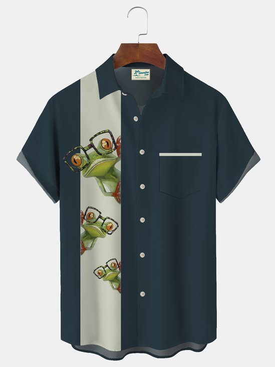 JoyMitty Frog Casual Bowling Shirt with Glasses Print  Men's Oversized Shirt with Pockets