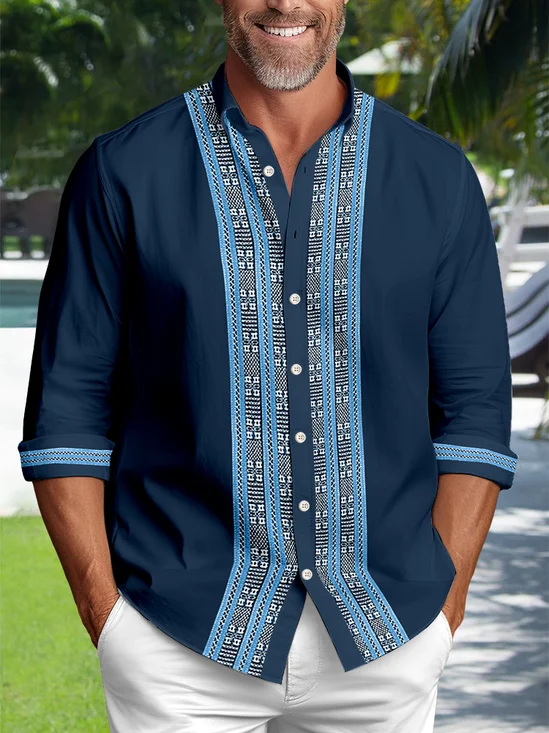 JoyMitty Guayabera Casual Men's Vacation Big and Tall Long Sleeve Shirt