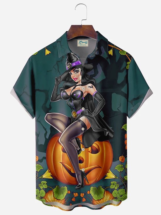 Vintage Halloween Pumpkin Witch Print Men's Button Pocket Shirt