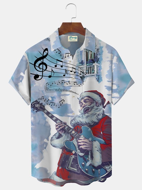 Musical Note Santa Print  Men's Hawaiian Oversized Shirt with Pockets