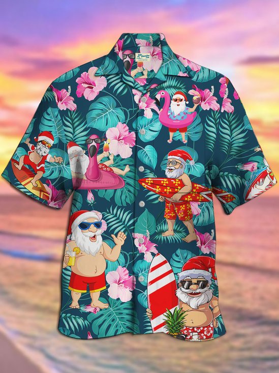 Summer Christmas Santa Claus Surf Print Beach Men's Hawaiian Oversized Short Sleeve Shirt with Pockets