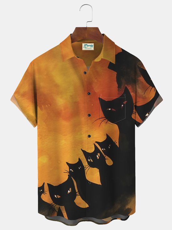 Halloween Black Cat Print Beach Men's Hawaiian Oversized Short Sleeve Shirt with Pockets