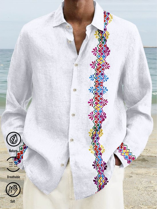 JoyMitty Natural Fiber Guayabera Casual Men's Vacation Big and Tall Long Sleeve Shirt