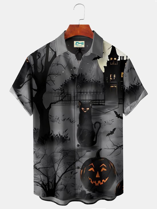 Vintage Halloween Holiday Men's Shirt Castle Black Cat Pumpkin Cartoon Ghost Art Stretch Plus Size Aloha Camp Shirts
