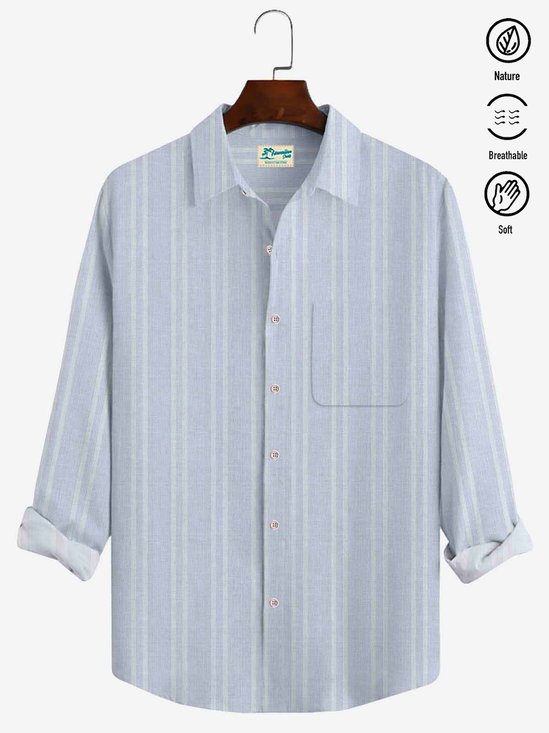 JoyMitty Holiday Beach Casual Blend Light Blue Men's Long Sleeve Striped Shirts Stretch Plus SIze Camp Pocket Shirts