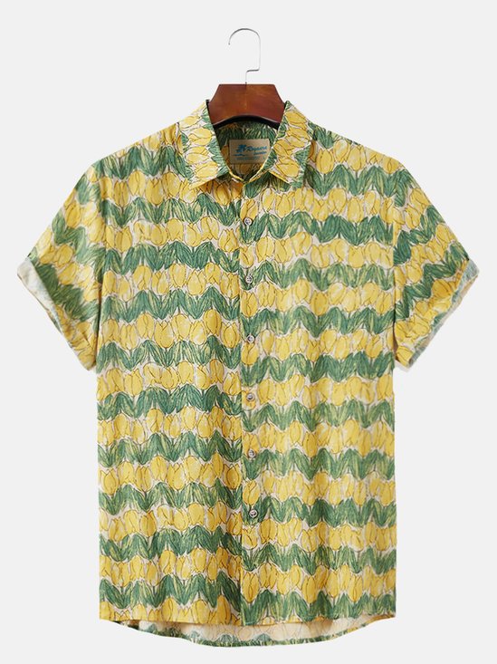JoyMitty Vintage Art Floral Yellow Men's Hawaiian Shirts Comfortable Stretch Oversized Aloha Camp Button Shirts