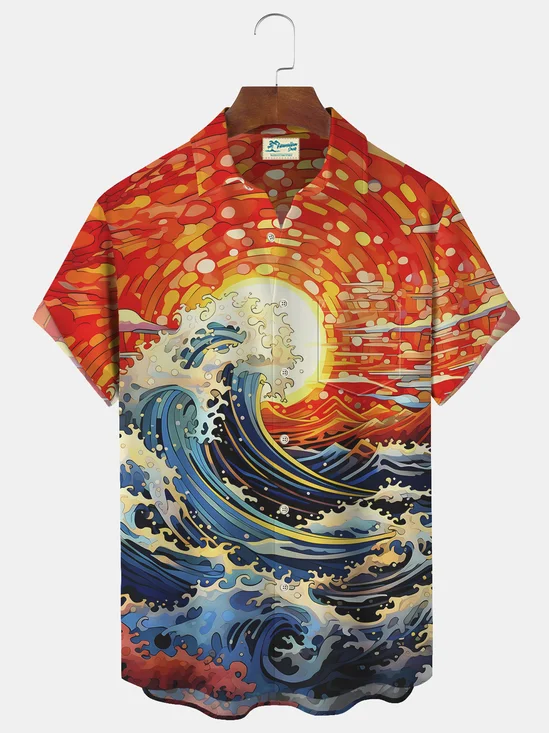 JoyMitty Japanese Sunset Print Beach Men's Hawaiian Oversized Shirt with Pockets