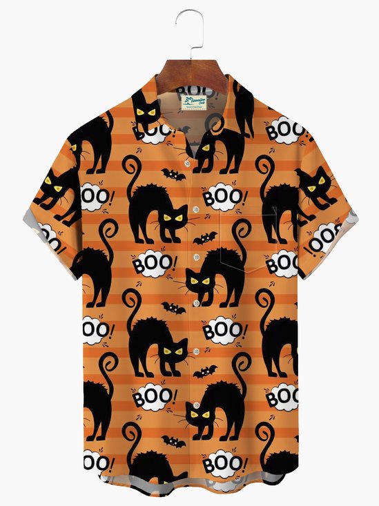 Halloween Black Cat Color Contrast Stripes Print  Men's Hawaiian Oversized Shirt with Pockets