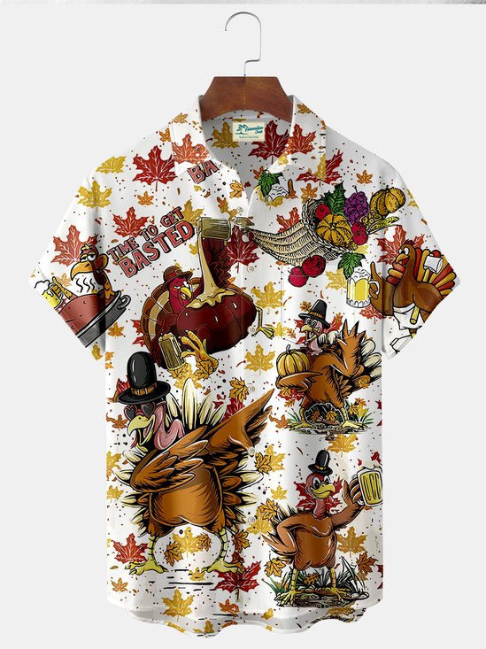 Thanksgiving Turkey Time To Get Basted Funny Beer Print  Men's Hawaiian Oversized Shirt with Pockets