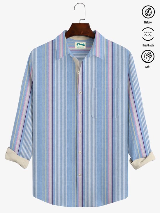JoyMitty Beach Vacation Stripe Light Blue Men's Casual Long Sleeve Shirts Stretch Plus Size Aloha Camp Pocket Shirts