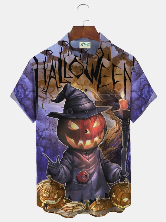 Halloween Pumpkin Print Beach Men's Hawaiian Oversized Long Sleeve Shirt with Pockets