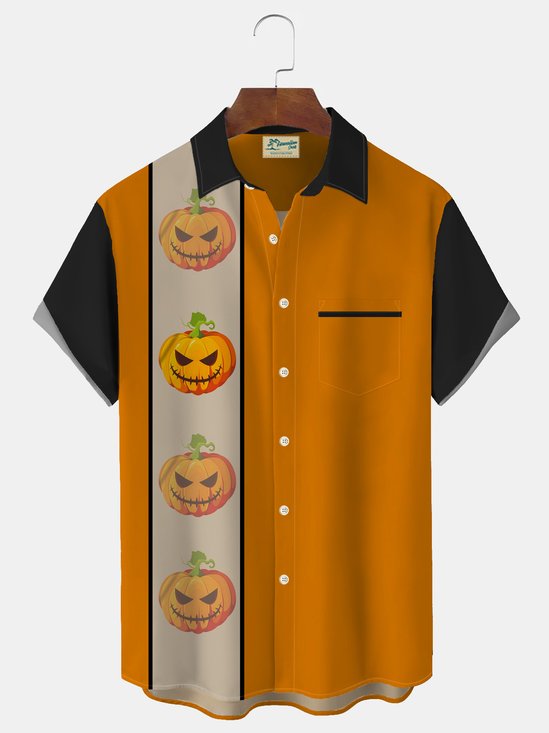 Halloween Vintage Bowling Pumpkin Print Men's Button Pocket Short Sleeve Shirt