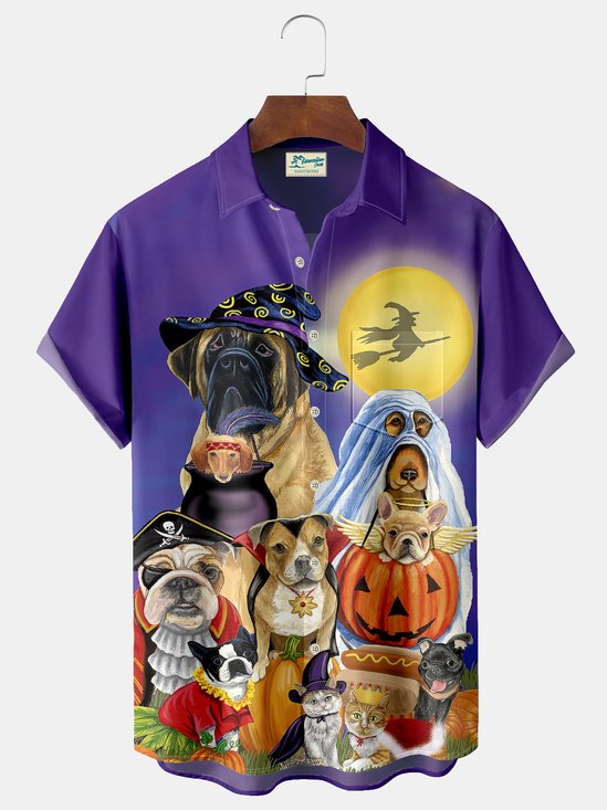 Trick or Treat Dogs Halloween Print Beach Men's Hawaiian Oversized Shirt with Pockets