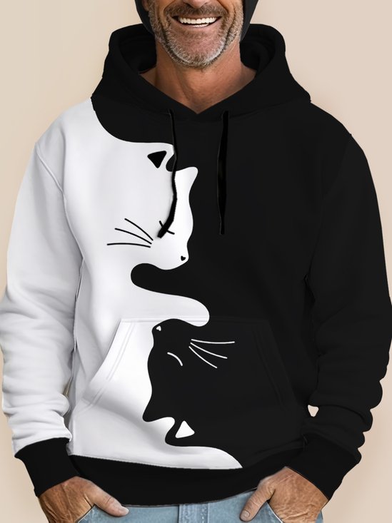JoyMitty Casual Black and White Cat Cartoon Men's Long Sleeve Drawstring Hoodies Stretch Pocket Casual Pullover Sweatshirts