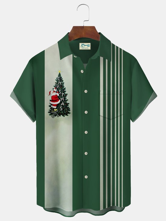 Christmas Holiday Green Men's Bowling Shirt Christmas Tree Cartoon Stretch Casual Camp Pocket Button Santa Shirts