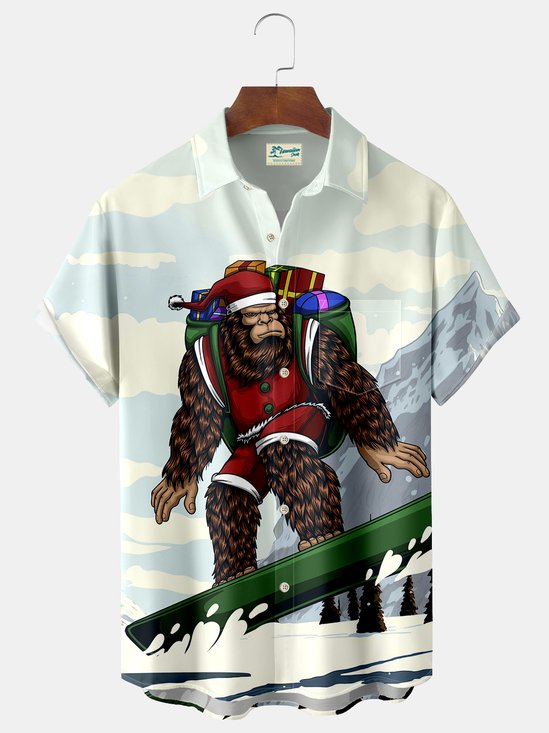 Bigfoot skiing on Christmas Print Beach Men's Hawaiian Oversized Shirt with Pockets