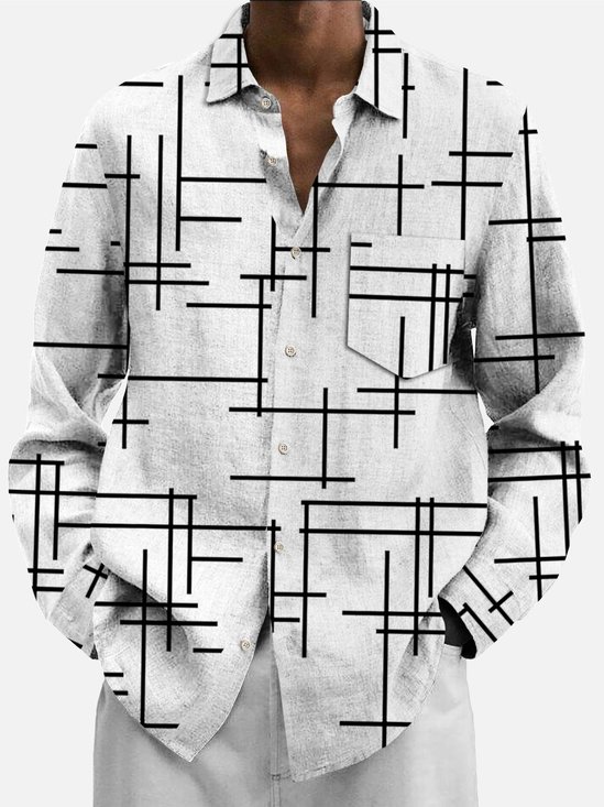 JoyMitty 50's Retro Mid-Century Geometric White Men's Art Shirts Stretch Plus Size Aloha Camp Pocket Button-Down Shirts