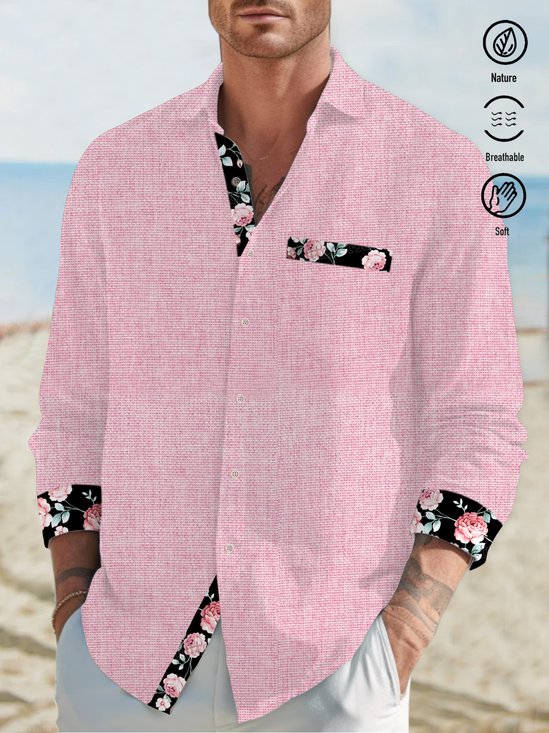 JoyMitty Floral Print Men's Button Pocket Long Sleeve Shirt