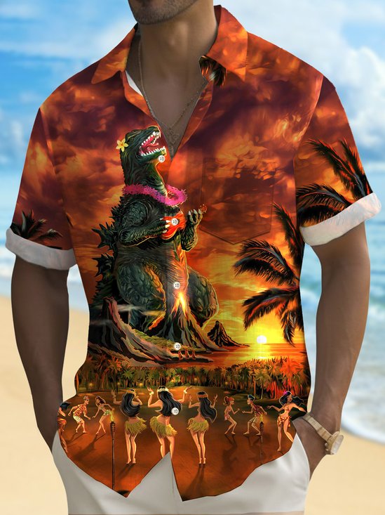 JoyMitty Hawaiian Godzilla Monster Print Men's Button Down Pocket Shirt