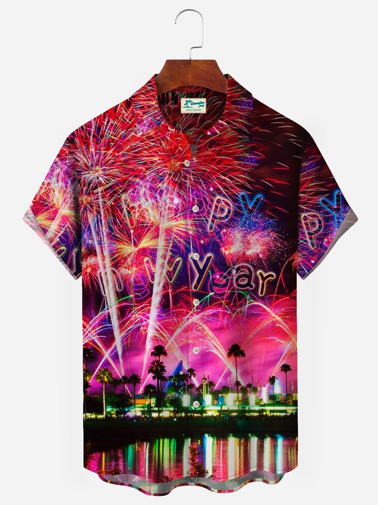 Happy New Year Holidays Men's Hawaiian Shirts Stretch Fireworks Fun Pocket Christmas Shirts Big Tall