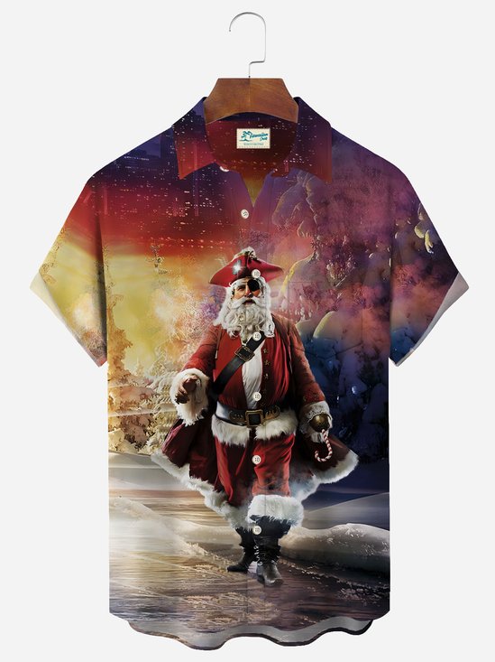 Men's Christmas Pirates Santa Print Button Pocket Shirt