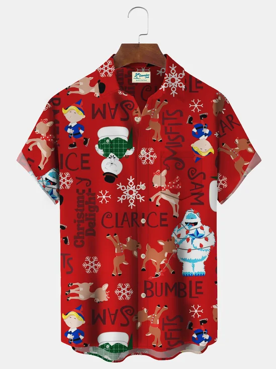 Reindeer Christmas Men's Hawaiian Shirt Stretch Lantern Fireworks Fun Pockets Christmas Shirt Large Tall