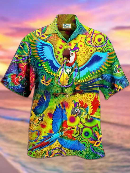 Mardi Gras Holiday Green Men's Hawaiian Shirts Parrot Fun Art Aloha Stretch Button Camp Pocket Shirts Big Tall