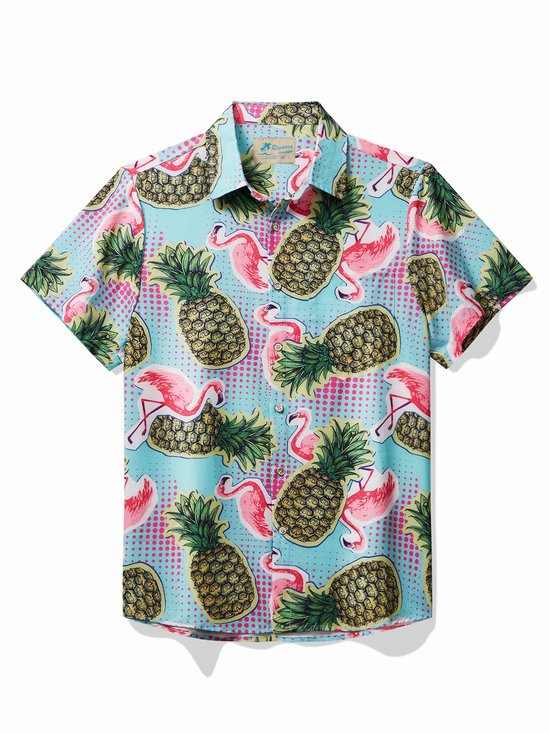 JoyMitty Beach Holiday Blue Men's Hawaiian Cool Ice Shirts Flamingo Pineapple