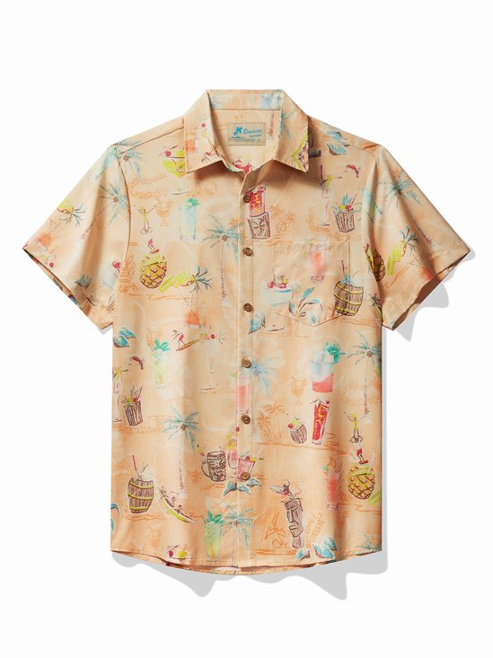 JoyMitty Coconut Cocktail Print Cool Ice Shirts Sweat-wicking Beach Men's Hawaiian Oversized Pocket Shirt