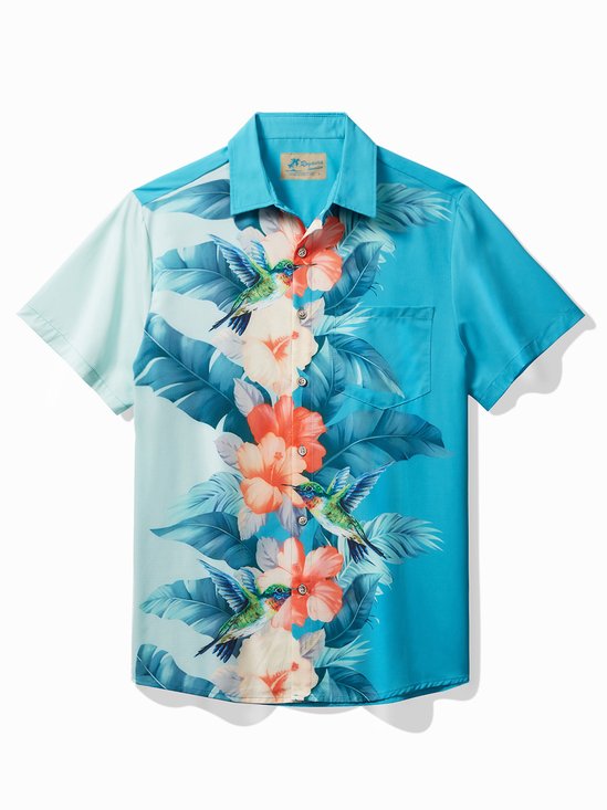 JoyMitty Hawaiian Floral Hummingbird Print Men's Button Pocket Quick Dry Cool Ice Shirts Sweat-wickingShirt