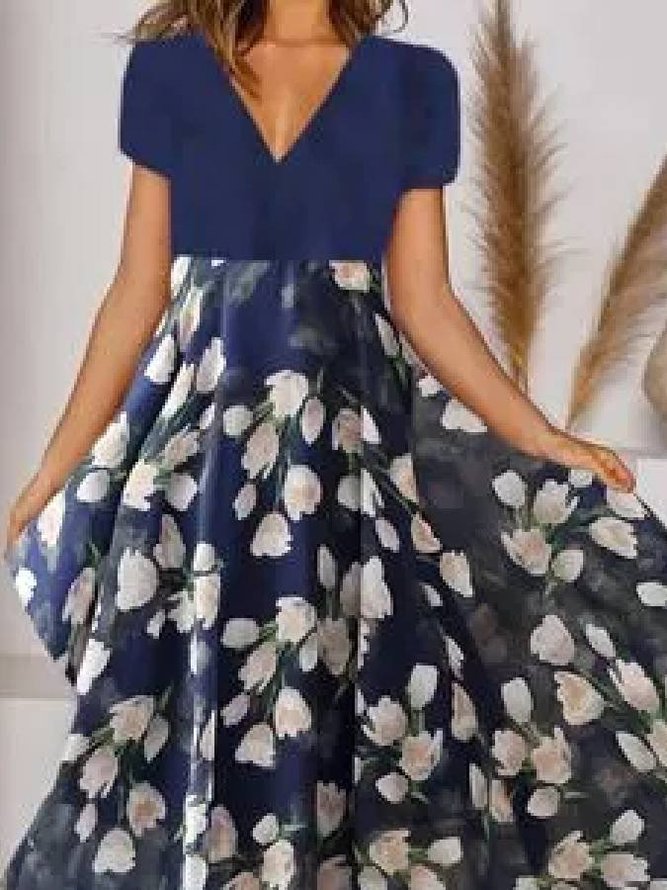 JOYMITTY Women Elegant Blue  A-Line Print Dress